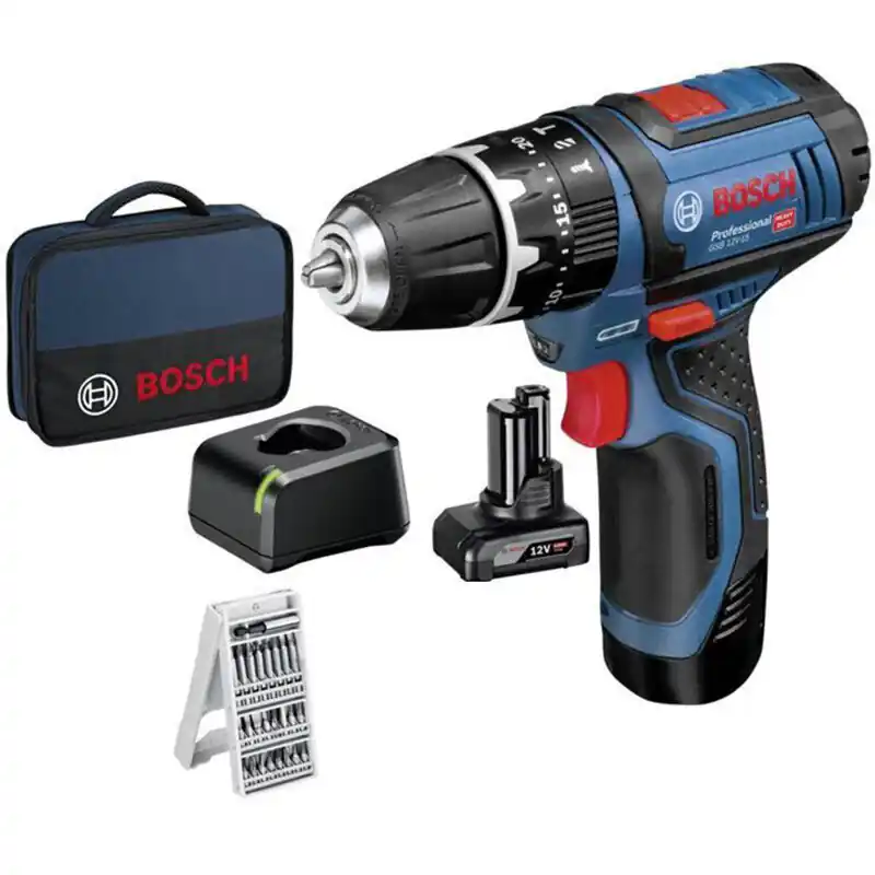 Tarjous Bosch Professional GSB 12V-15 iskuporakone-ruuvinväännin, 2 akkua 2Ah ja 4Ah, 1 laturi ja tarvikkeet - 06019B690G