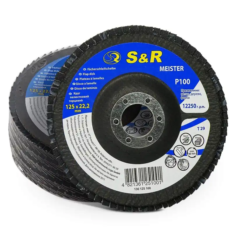 Heti Saatavilla S & R -tuulettimen hiomapyörä 125 x 22,2 teräs- ja puuta, T29, 5 kpl, kulmahiomakoneille (GRIT P100)