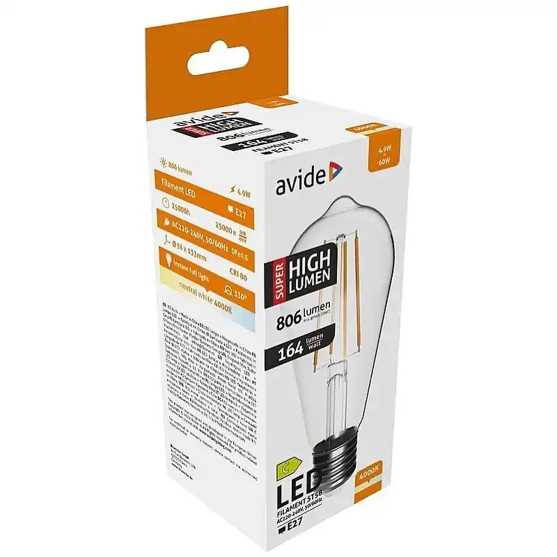 Lamppu LED Avide 4.9W 806lm E27 4K Filament Poisto