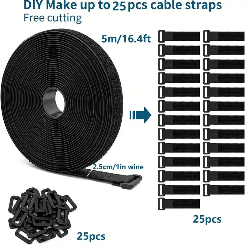 Merkkituote Säädettävät Kaapelisiteet Soljilla, Musta Uudelleenkäytettävä Kaapeli Hihnat., 1 colis * 16,4 pėdos / 2,5 cm * 5 m