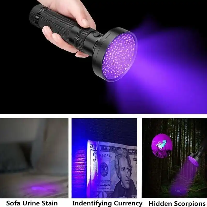 UV-taskulamppu - 100 LEDiä 395 nm ultraviolettitunnistimella tunnistamaan fluoresoivia aineita, lemmikkieläinten virtsan, maton tahrat, lutikat jne. Vain Tänään