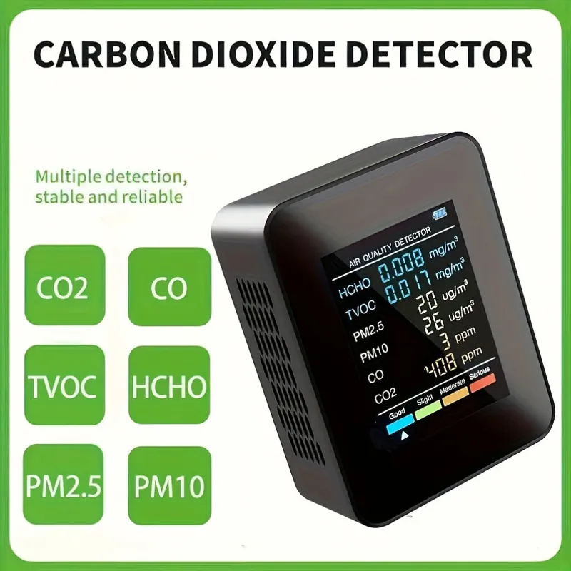 Sertifioitu 1 kpl 6-in-1 Ilmanlaadun Mittari - Tarkka CO2, CO, PM2.5, PM10, HCHO, TVOC., Juoda