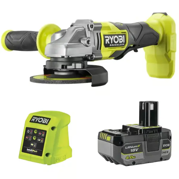 256713 RYOBI Harjaton kulmahiomakone 125 mm RAG18BL + akku 4Ah RB1840X+ 1x laturi 1.5A RC18115 Viikonlopputarjous
