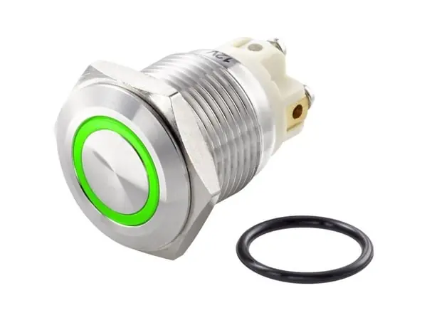 TRU COMPONENTS TC-7494692 TC-GQ16F-10E/L/G/12V/S Ilkivallankestävä painonappikytkin 48 V/DC 2 A 1 x Pois päältä/(Päälle) Hetkellinen Vihreä IP65 1 ... Pikatoimitus