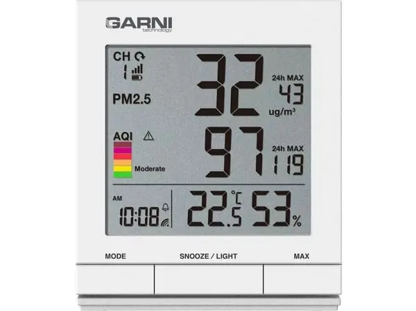 GARNI 204 OneCare, Valkoinen, Ilmanlaatu, Kosteusmittari sisäkäyttöön, Lämpömittari sisäkäyttöön, Kosteusmittari, Lämpömittari, 1 - 99%, 1%, 0,1 °C Vain Tänään