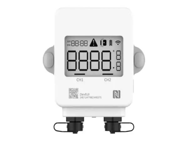 Viimeinen Mahdollisuus Milesight TS302 2x tulo lämpötila-anturille johtimella tai reed-kytkimellä, jossa on LoRaWAN LCD-näyttö ja paikallinen muisti 10000 mittaukselle