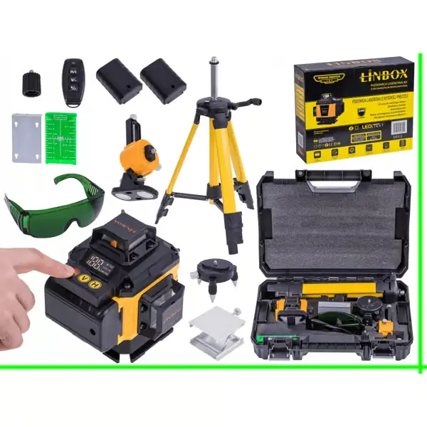 Loppuunmyynti 4D 360° lasertaso, 16 vihreää laserviivaa + 105 cm jalusta, mekaaninen heilurin lukitus, kulmatyöstö (viisteet), magneettipidike, tarvikesarja