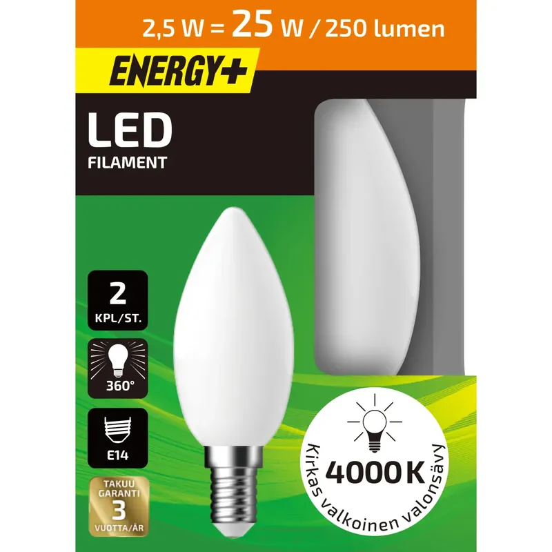 LED-lamppu 250 lm 4000K C35 E14 2 kpl Kampanjahinta