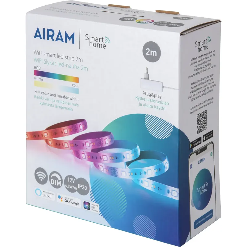 Kuuma Tarjous LED-valonauha Airam Smart Strip 2 m, 12 V, RGB/TW 2700-6500 K